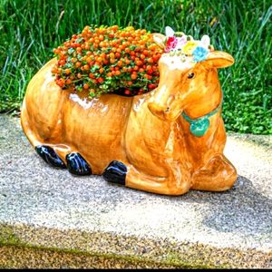 SOLD woman brown floral cow Planter.. plants not included Free PW gif…
